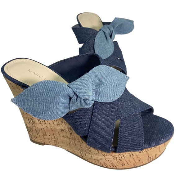 Marc Fisher Women's Hobby Sandal Size 8 Cork Wedge Platform Denim Slide Knot - Picture 1 of 11